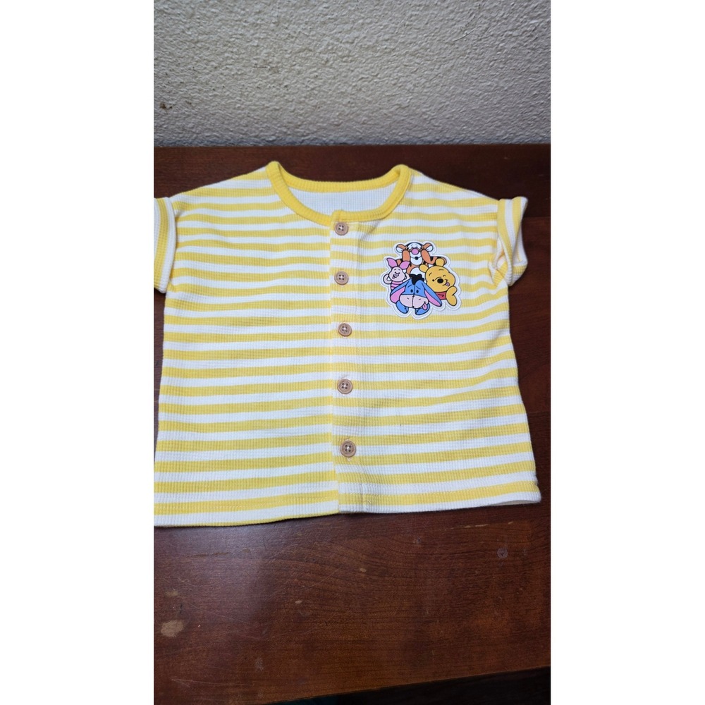 Disney Winnie The Pooh Shirt Unisex Baby 12M Yellow Striped Waffle Knit Button